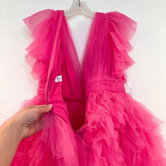 Mac Duggal Hot Pink Tulle V Neck Strapless Layered Preppy Mini Dress 6 NWT - Picture 8 of 10